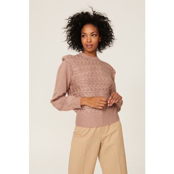 525 America Sz Xs 0/2 Tan Cable Knit Shoulder Pad Crewneck Pullover Sweater - Picture 1 of 5